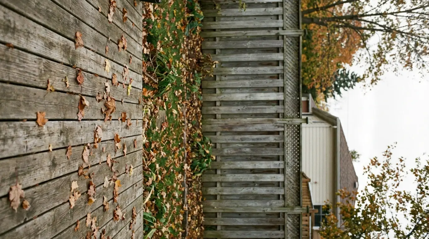 Wooden deck with scattered autumn leaves next to a wooden fence and garden area