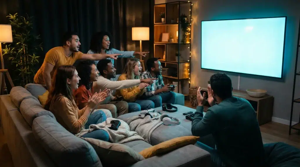 Group of friends excitedly watching TV in cozy living room with ambient lighting