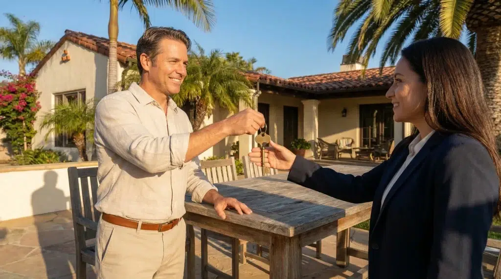 Man handing house keys to woman in outdoor setting with tropical plants