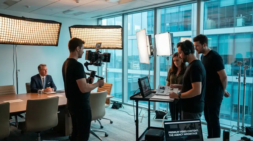 Film crew setting up cameras and lights in a modern office with large windows