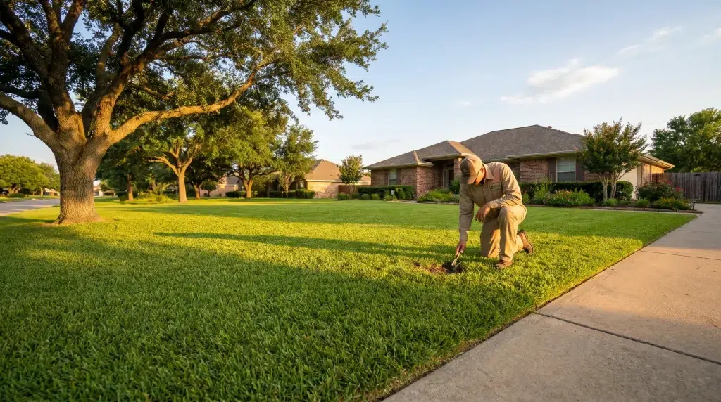 Gardener tending to lawn in suburban yard under warm daylight