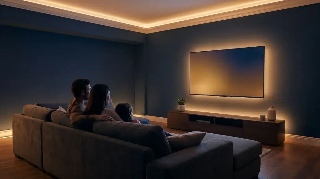 Family watching TV on a couch in dimly lit living room with modern decor