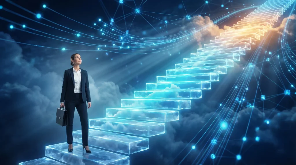 Businesswoman climbing glowing digital staircase through clouds with network connections in dark sky
