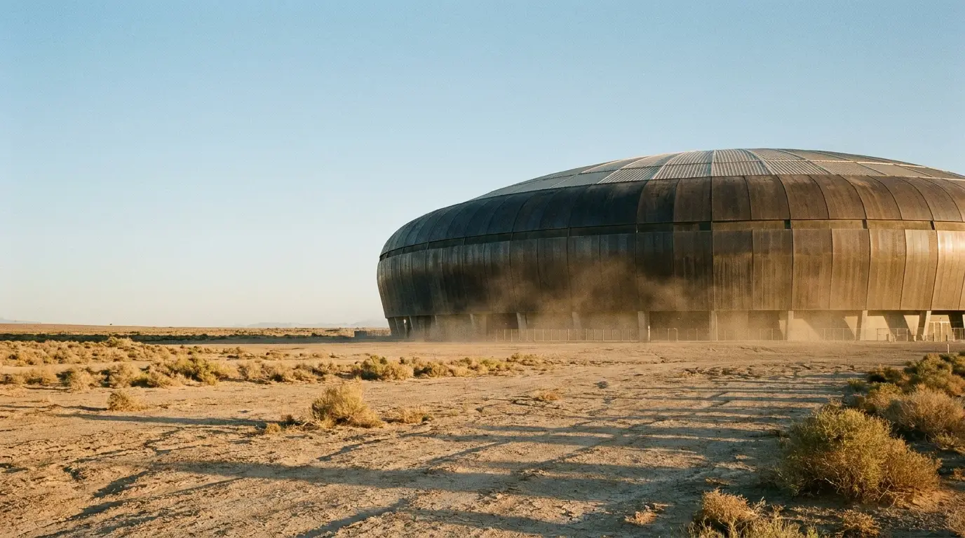 Futuristic spherical building in a desert landscape under clear blue sky