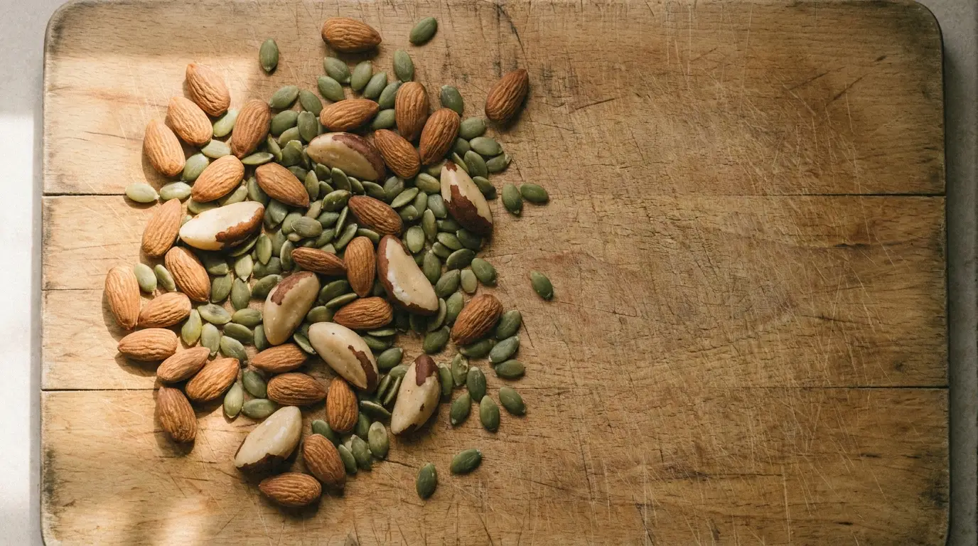 Mixed nuts and seeds scattered on rustic wooden cutting board in natural light