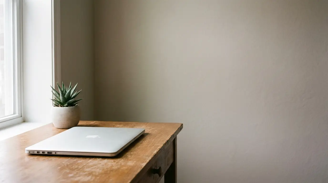 Laptop and potted plant on wooden desk next to window in bright room