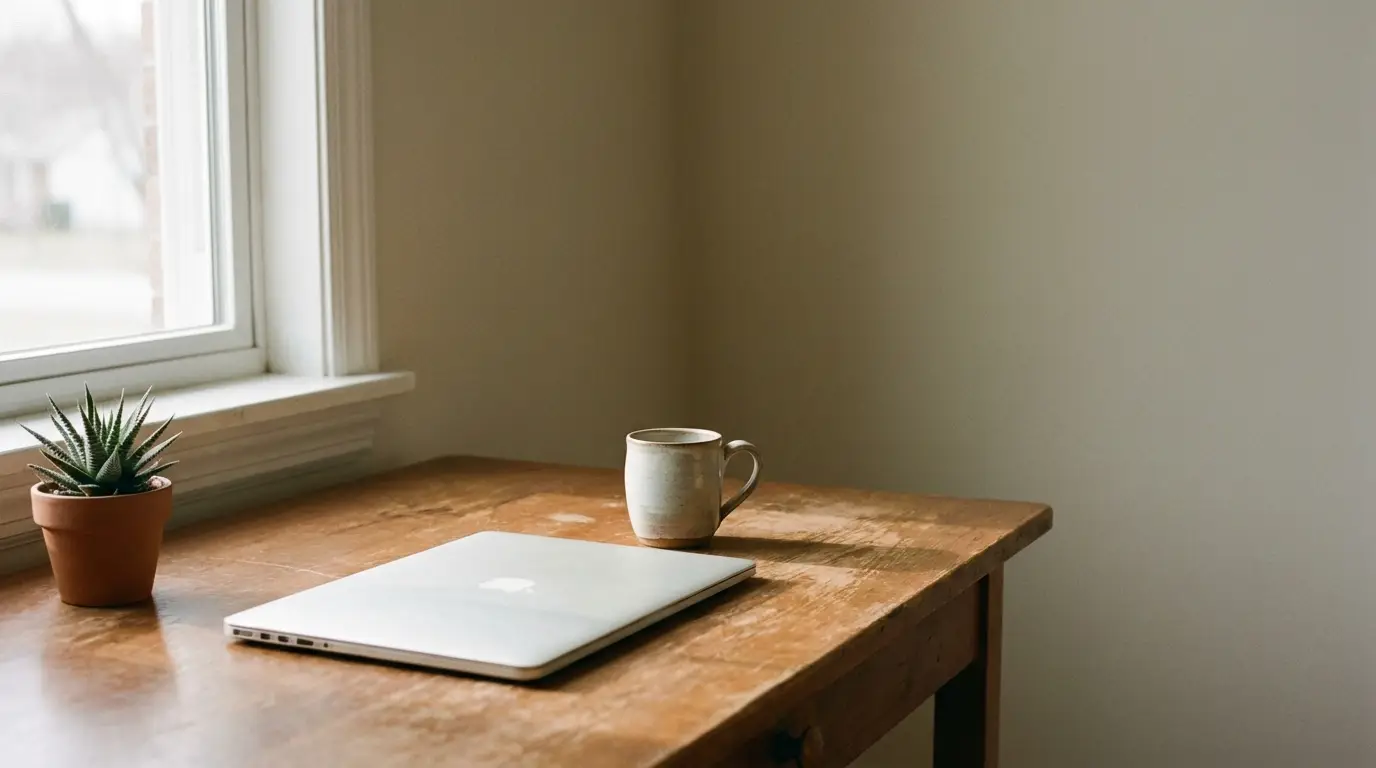 Laptop, mug, and small plant on wooden desk near window in minimalistic room
