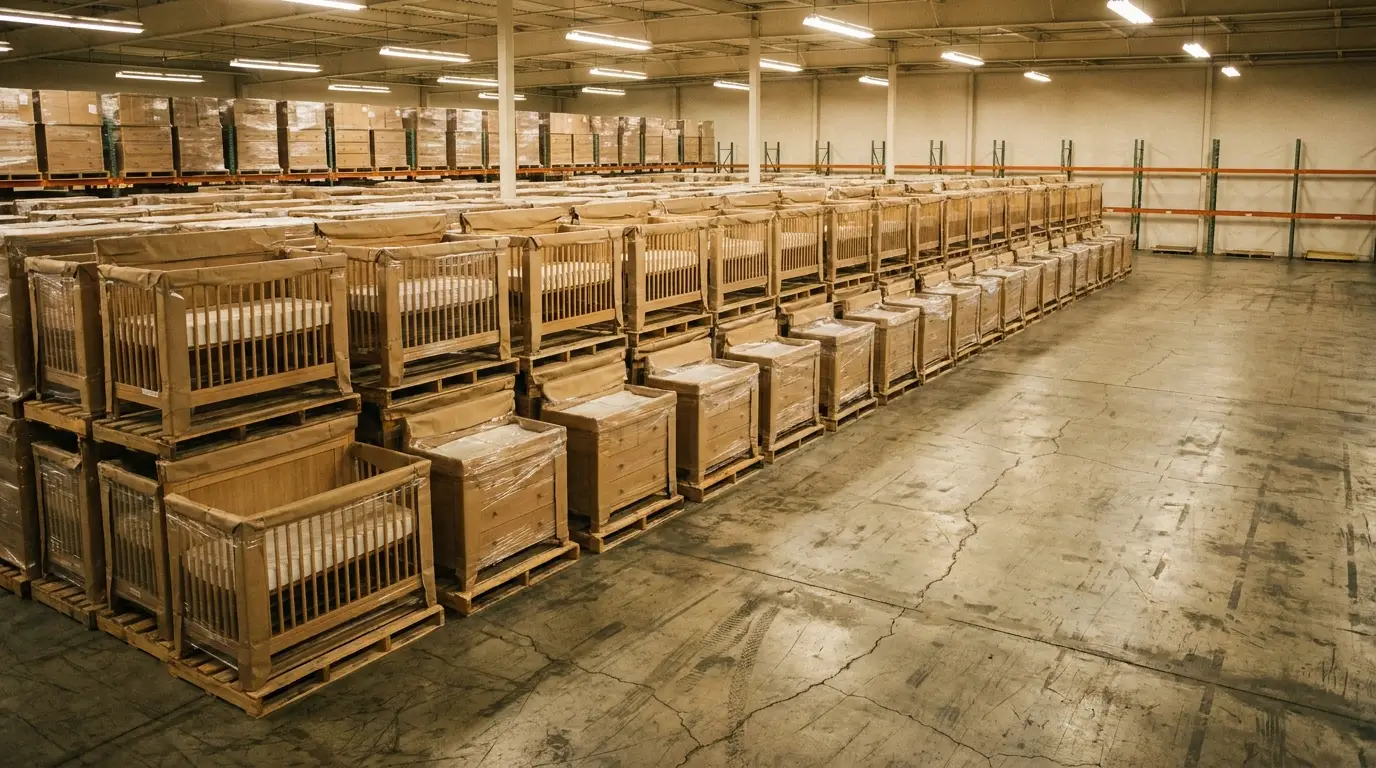Rows of wooden cribs and dressers wrapped in plastic in large warehouse setting