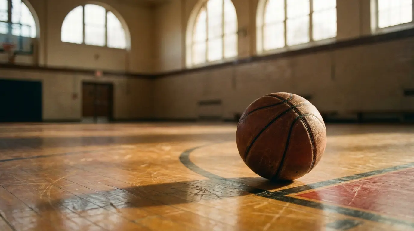 Basketball resting on polished wooden court inside spacious gymnasium with large arched windows