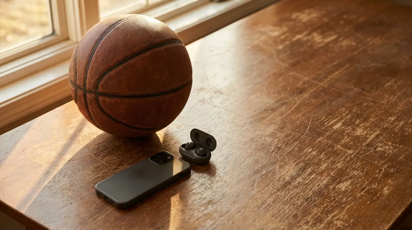 Basketball, smartphone, and earbuds on wooden table in sunlight near window