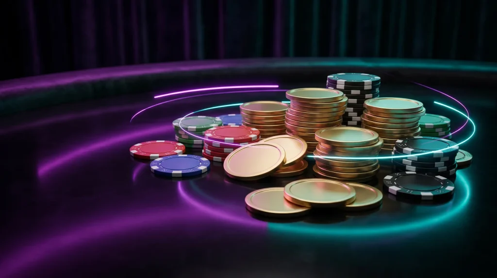 Casino chips and stacked coins on purple-lit gaming table