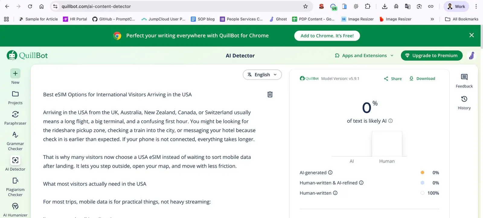 Computer screen displaying AI detection tool interface with text and graphics in a web browser.