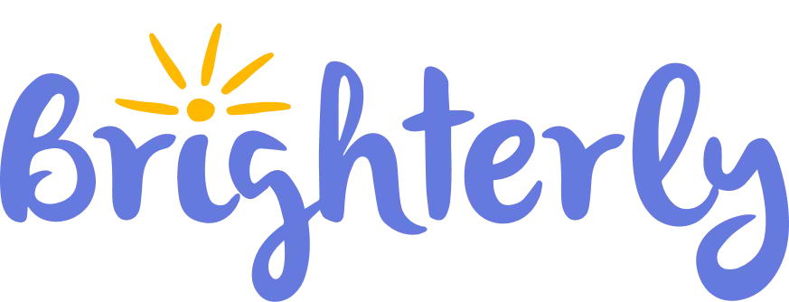 Stylized blue and yellow Brighterly logo with sunburst above letter I