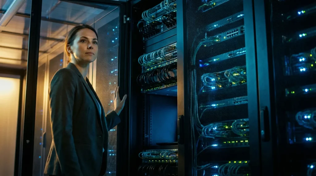 Woman in a server room checking network equipment with glowing lights