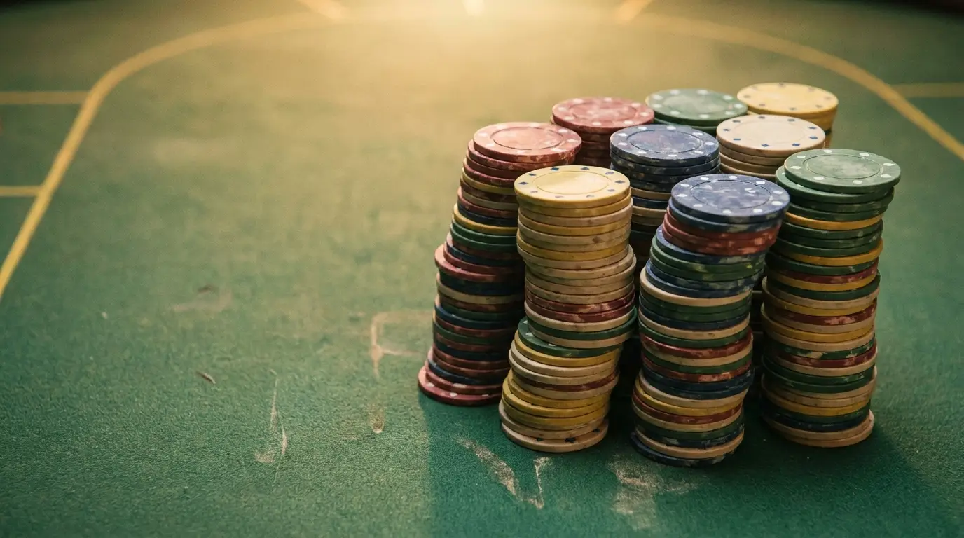 Stacks of colorful poker chips on green casino table under warm lighting