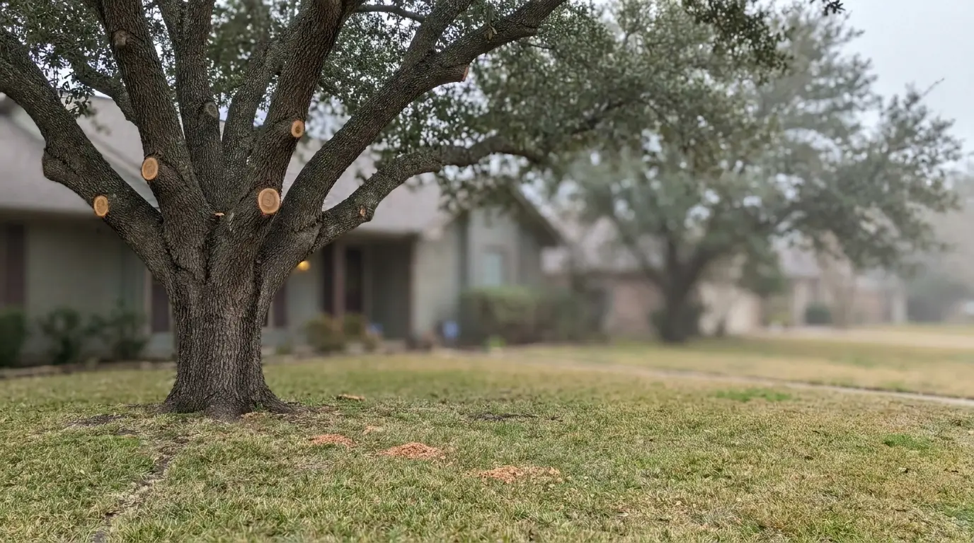 Tree with freshly cut branches in a residential front yard on a misty day