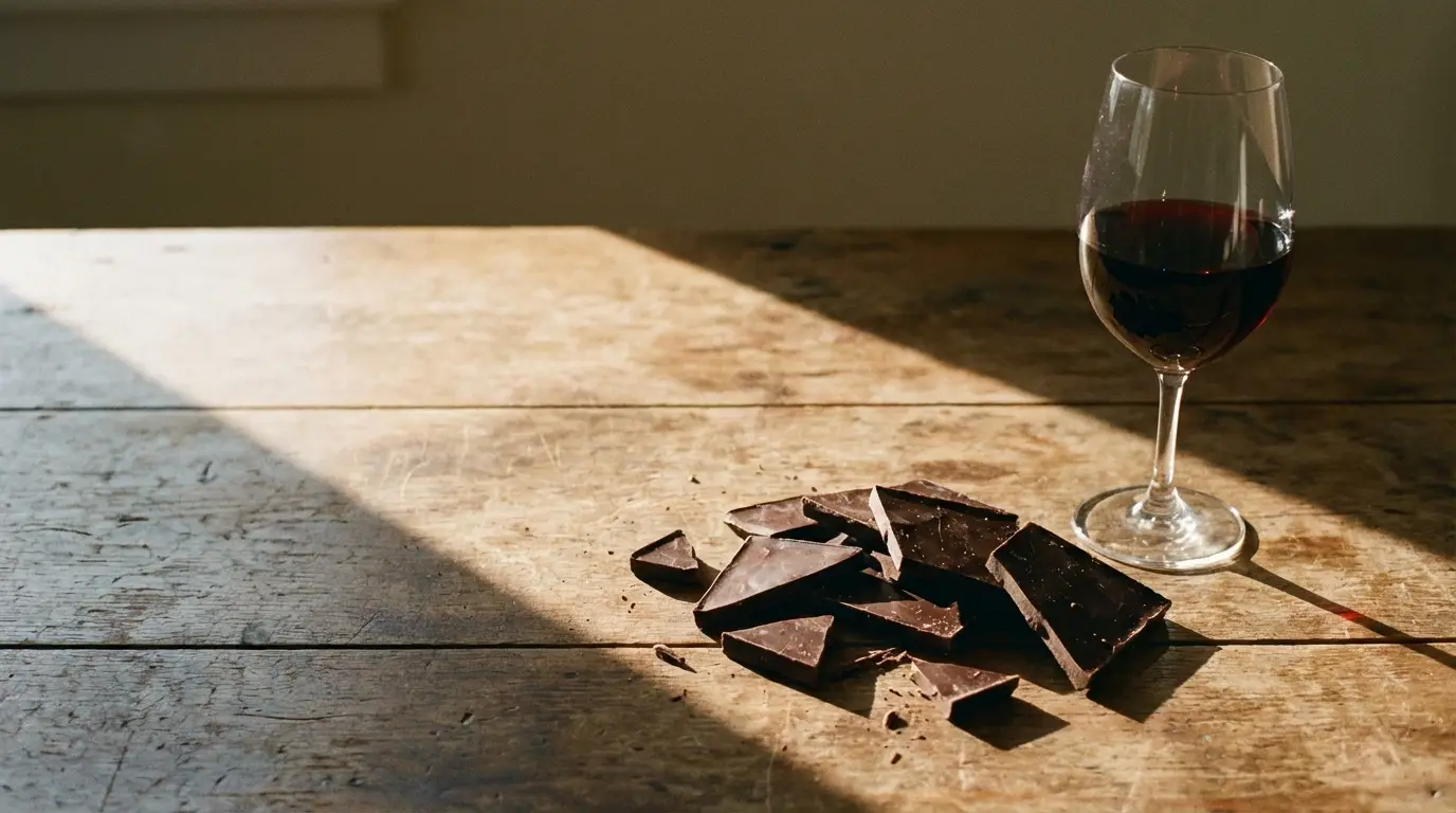 Broken dark chocolate pieces and red wine glass on rustic wooden table in warm sunlight