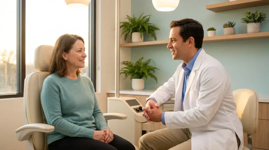 Doctor consulting with smiling female patient in a modern medical office with potted plants