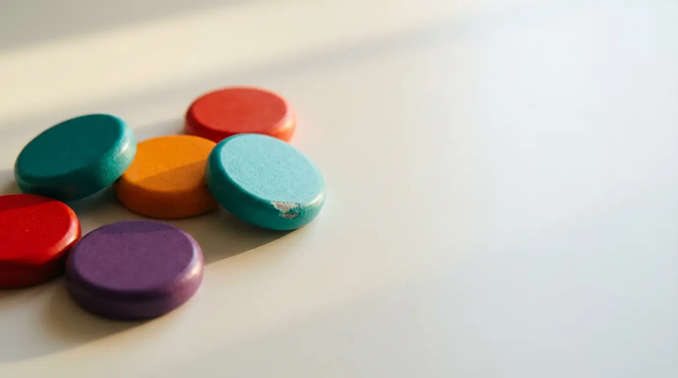 Colorful round game pieces on a white surface under natural light