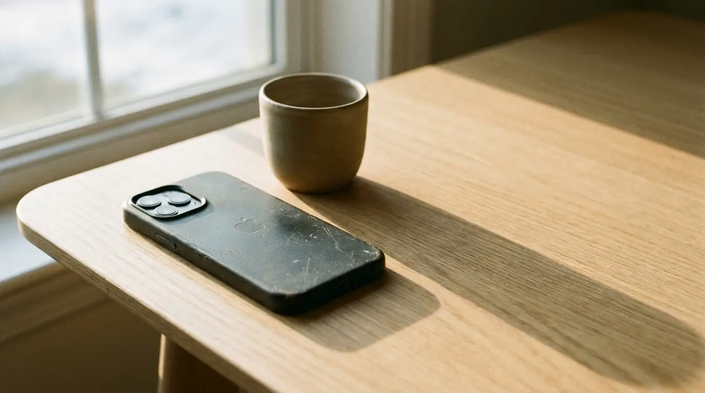 Smartphone and ceramic mug on light wood table in natural sunlight