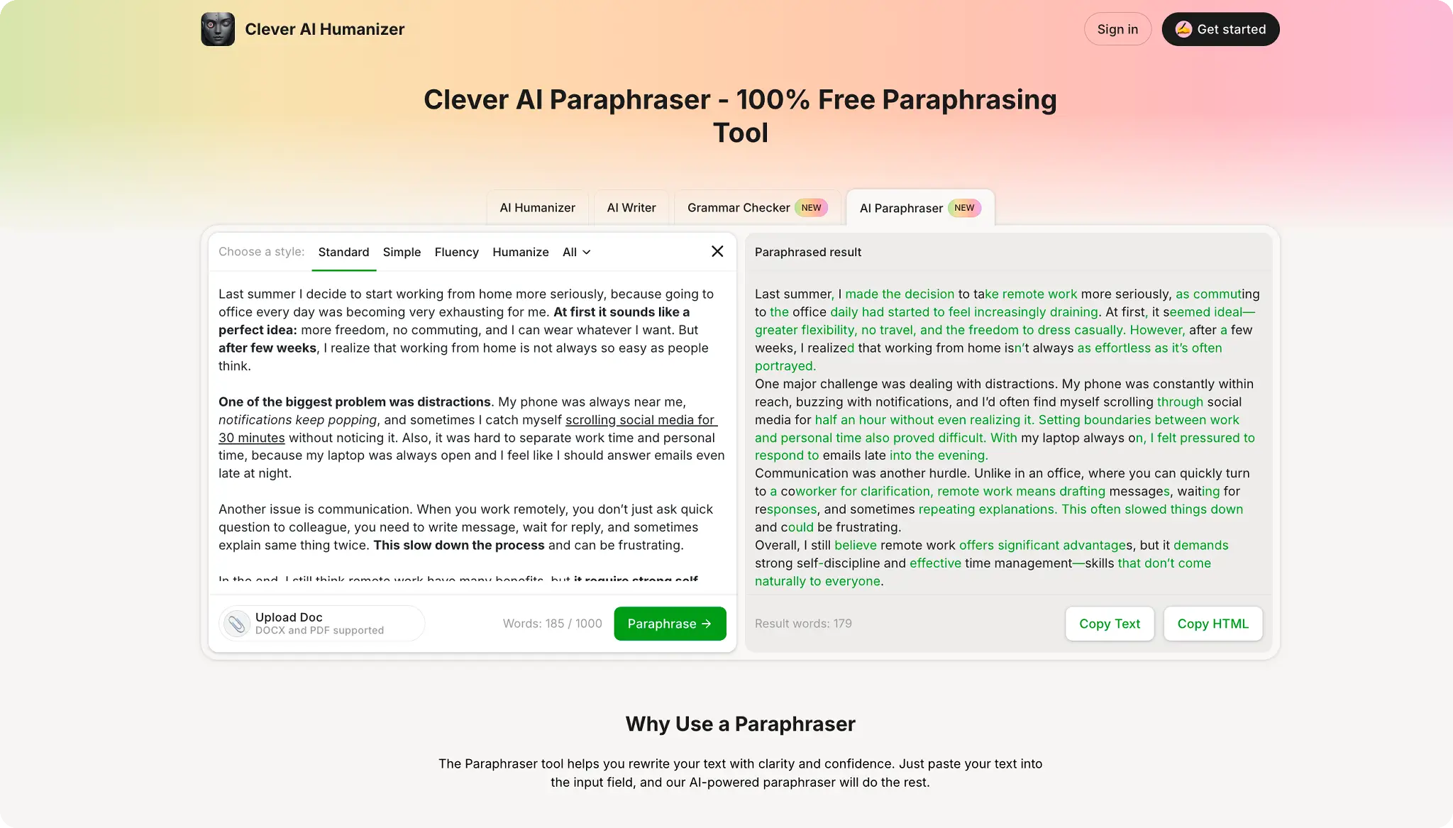 Online paraphrasing tool interface showing input text on the left and paraphrased result on the right