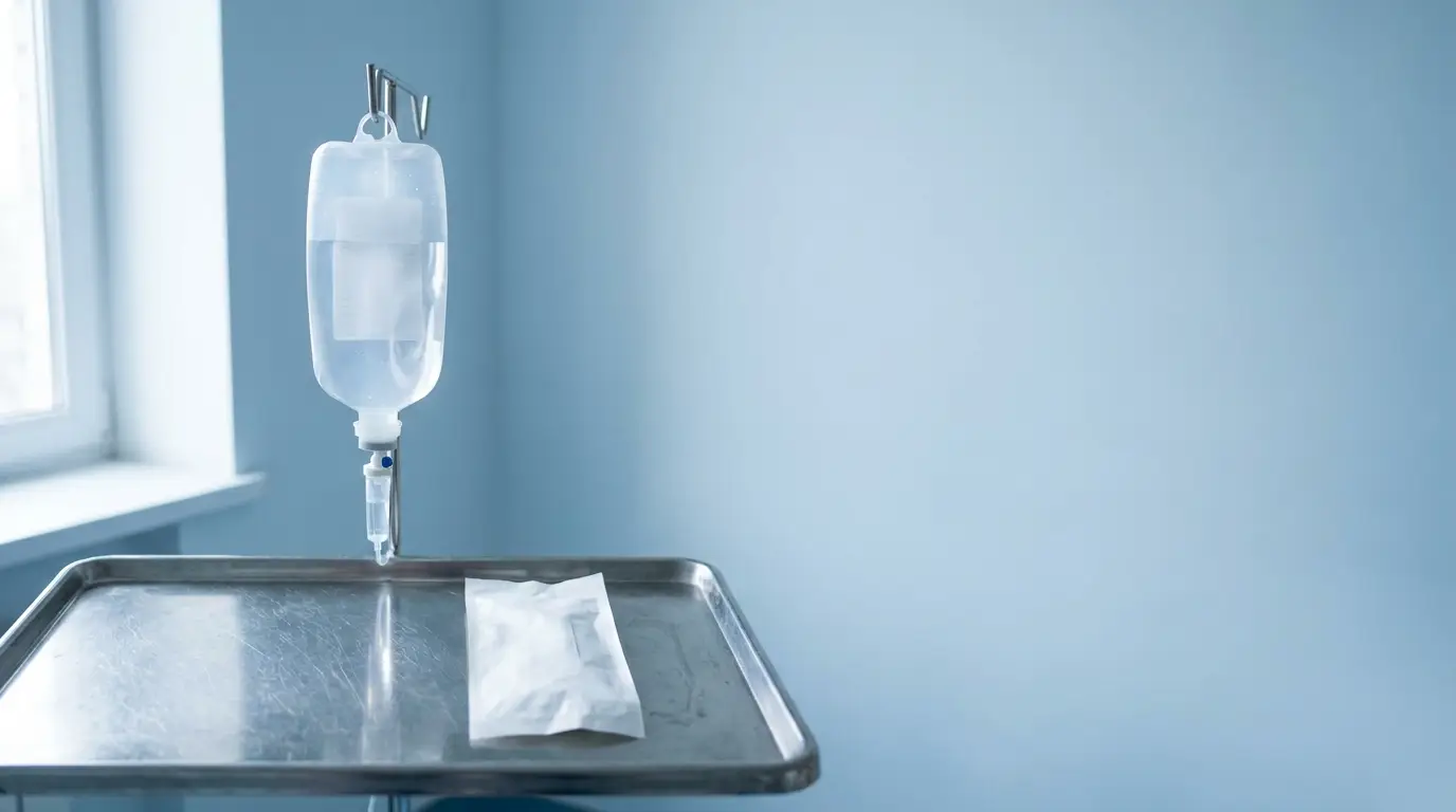 IV drip and medical package on a metal stand in bright hospital room