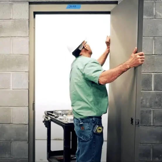 Worker installing metal door frame in industrial setting with concrete block walls
