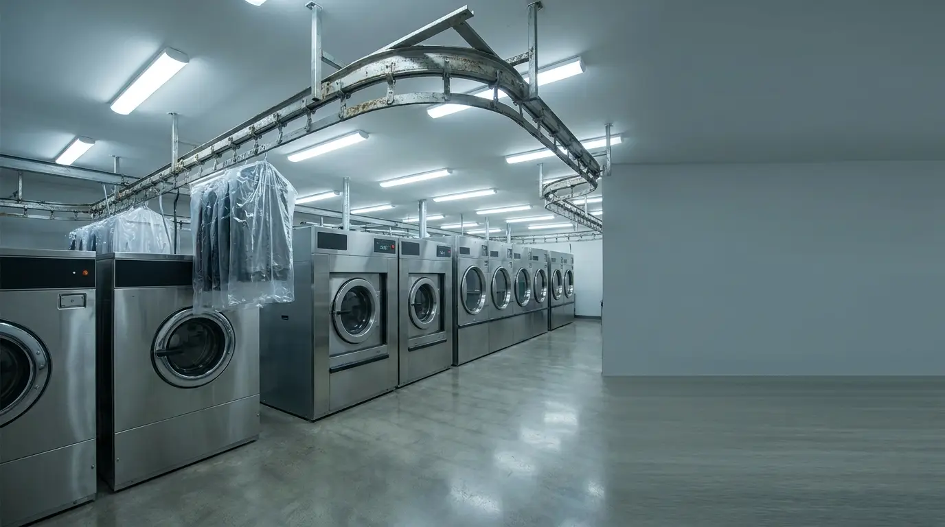 Row of industrial washing machines in a brightly lit laundromat with clothes on overhead rail