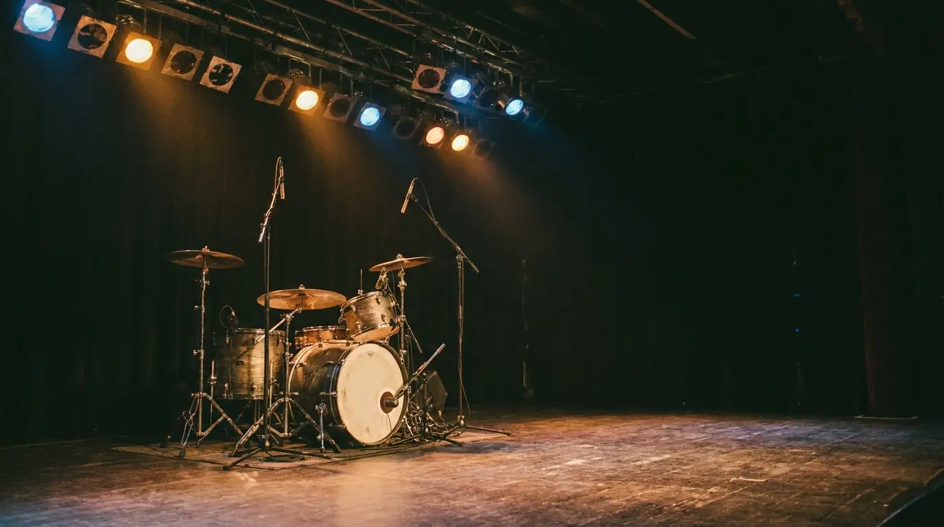 Drum set on dimly lit stage with overhead spotlights and microphones