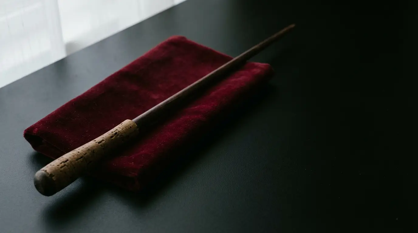 Wooden wand with cork handle resting on burgundy velvet cloth on black surface