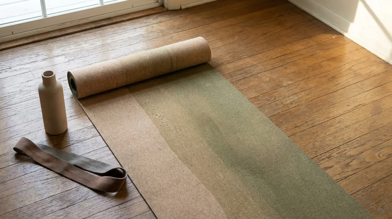 Rolled yoga mat with water bottle and resistance band on wooden floor in natural light