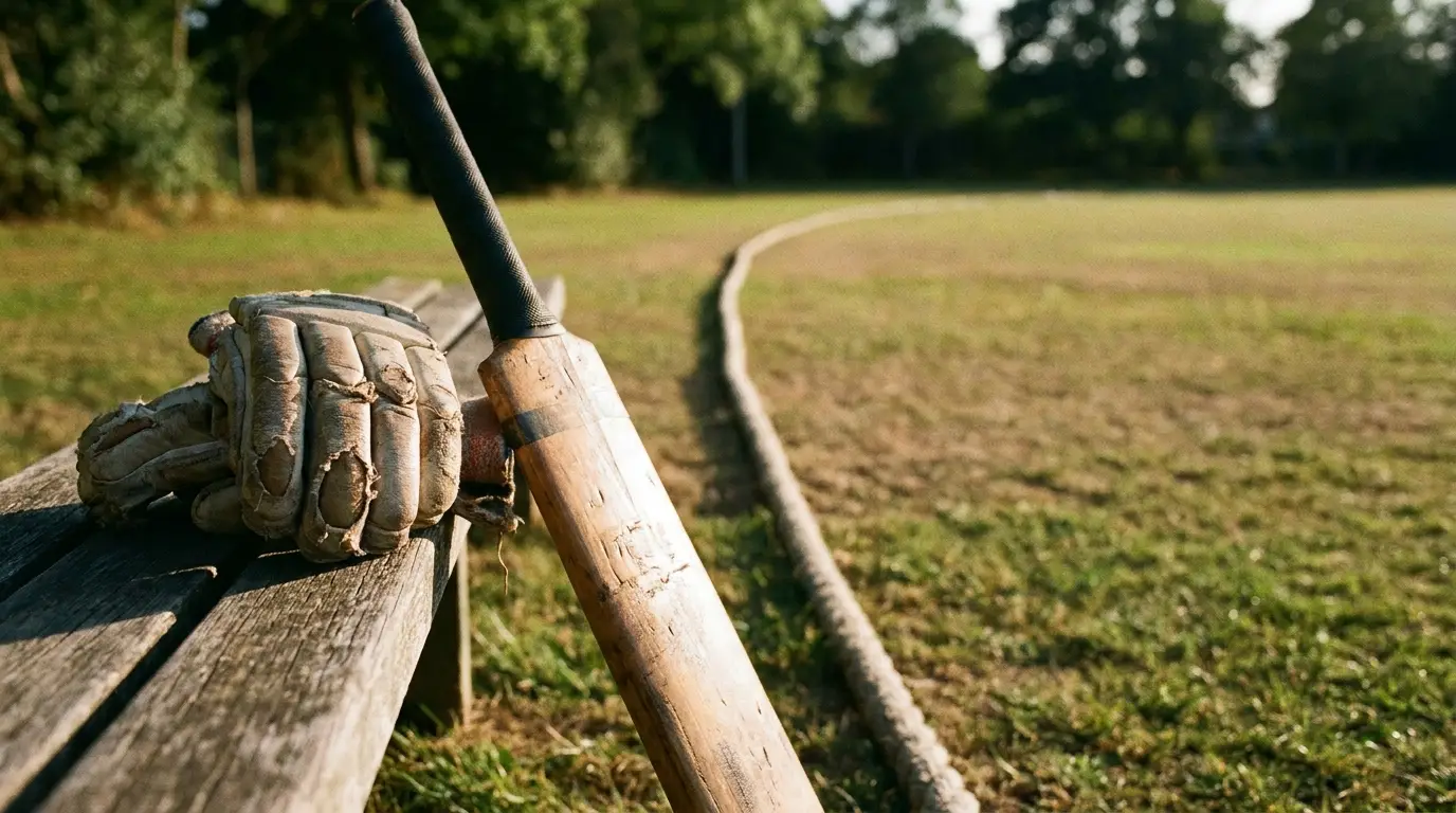 Cricket bat and gloves resting on wooden bench by grassy field in sunlight