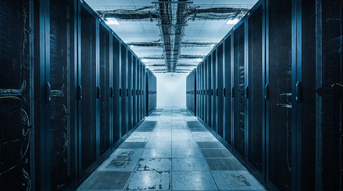 Row of server racks in a data center with blue lighting and overhead cables