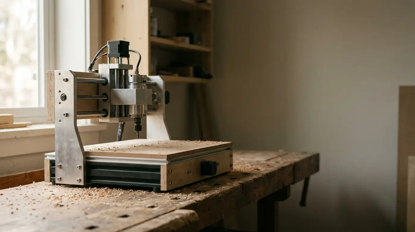 CNC machine on rustic wooden workbench in a carpentry workshop with natural lighting