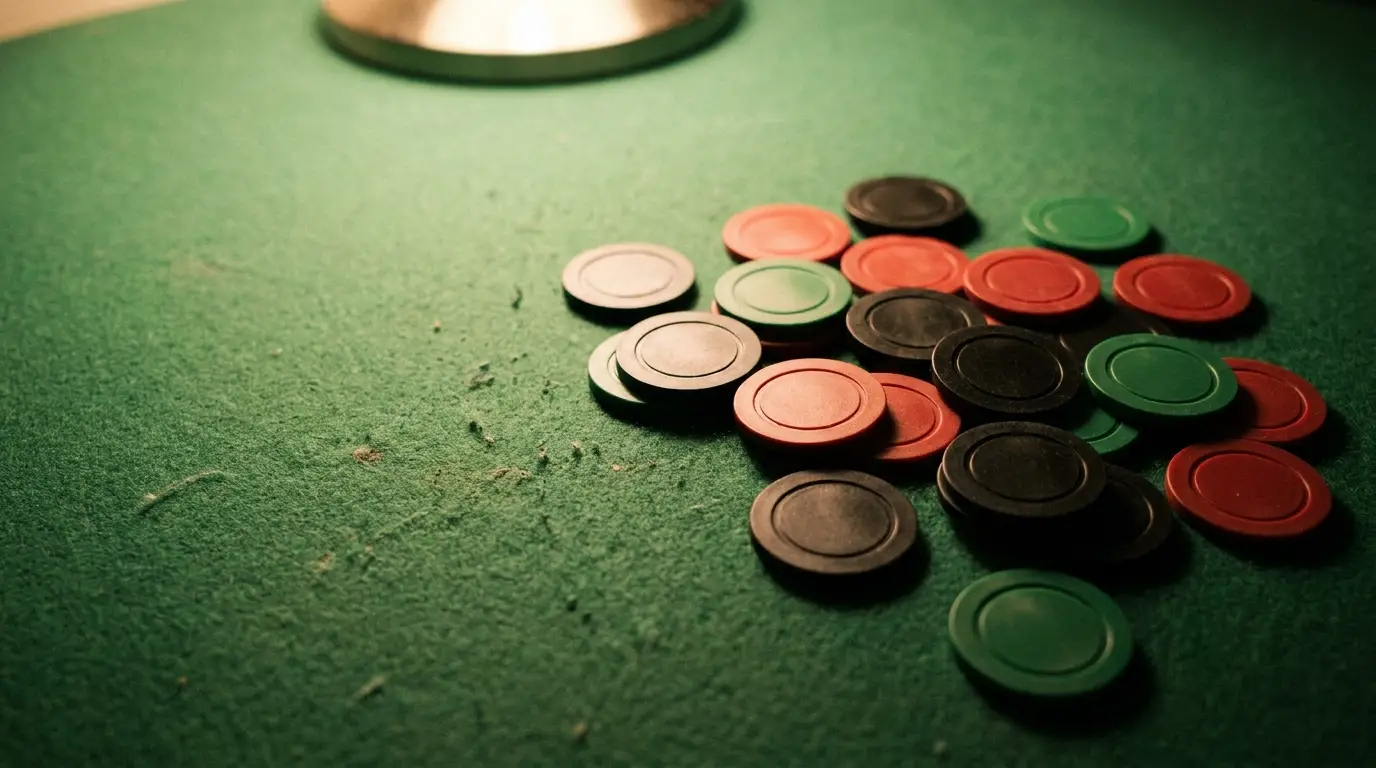 Poker chips scattered on green felt table under warm light