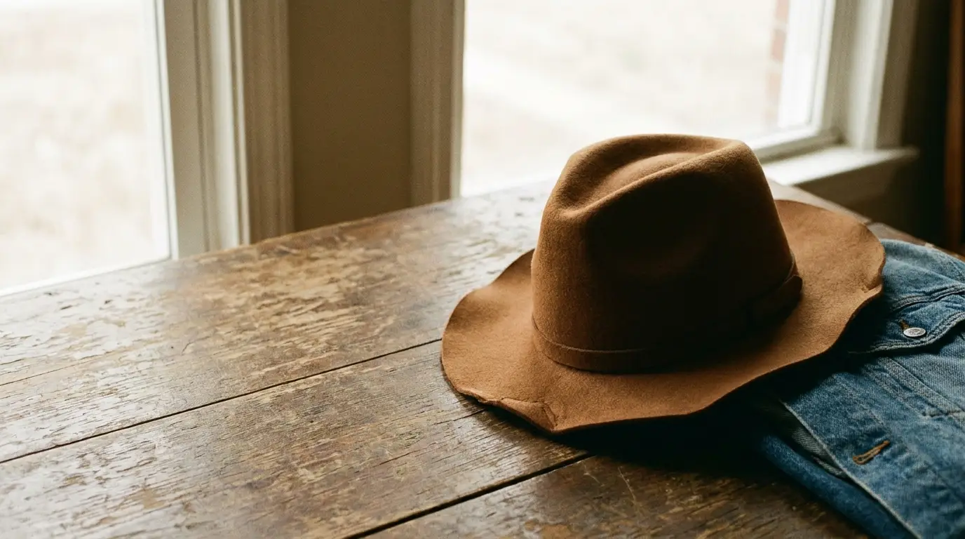 Brown fedora and blue denim jacket on rustic wooden table by window
