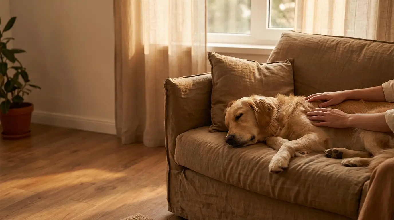 Golden retriever sleeping on brown sofa in cozy living room with soft natural light