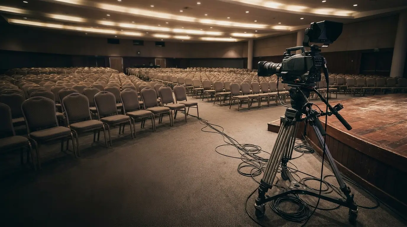 Video camera setup in an empty auditorium with rows of chairs and soft lighting