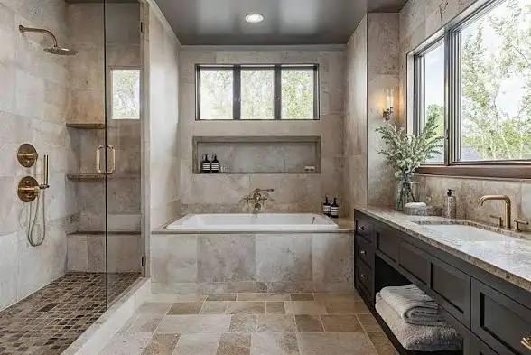 Luxurious bathroom with marble tiles, soaking tub, and glass-enclosed shower under natural light