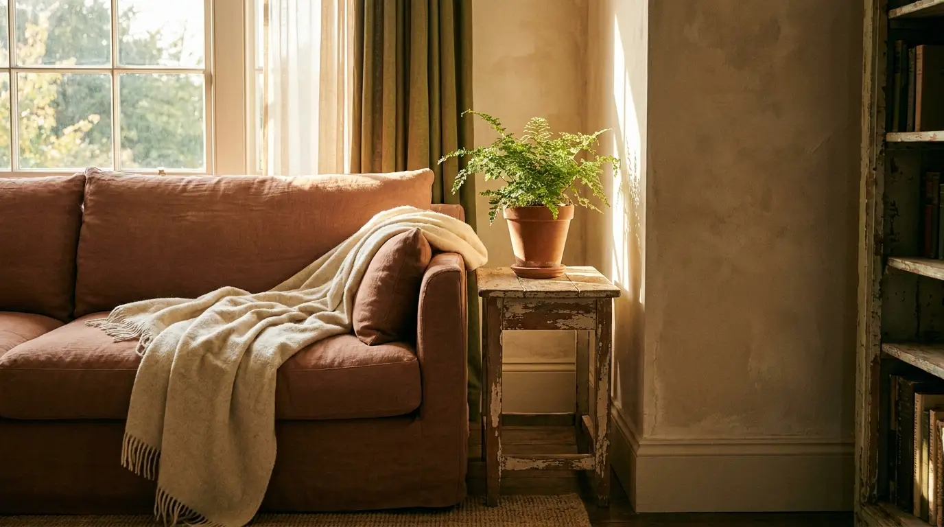 Cozy living room with terracotta sofa, cream throw, potted fern on rustic wooden table