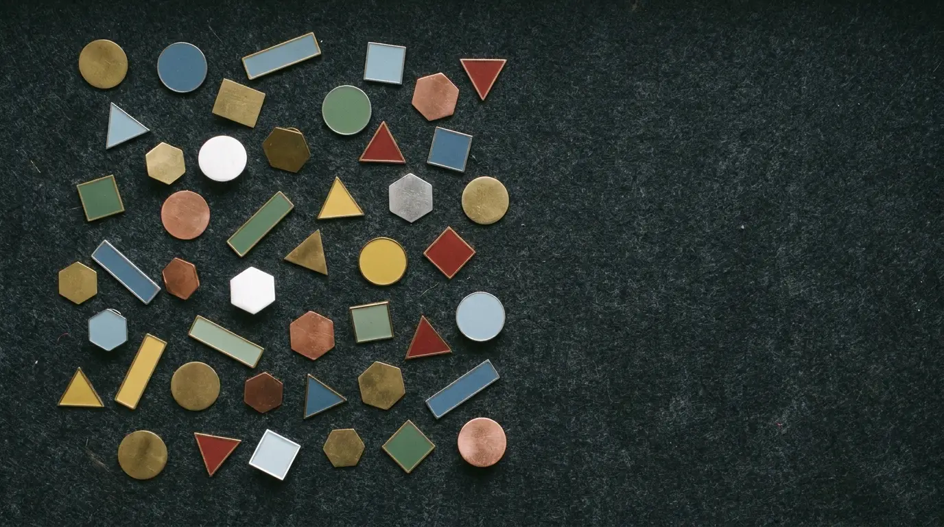 Assorted colorful geometric shapes scattered on dark textured background