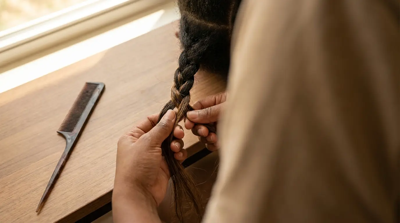 Person braiding hair on wooden table with comb nearby in warm natural light