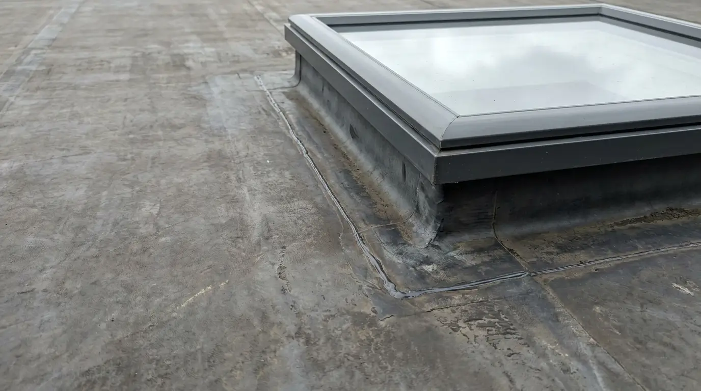 Rectangular skylight window on a flat rubber-coated roof in muted lighting