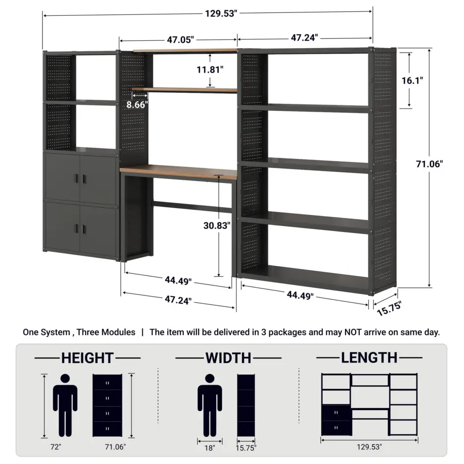 Modular black shelving units with adjustable wooden desk in an office setting