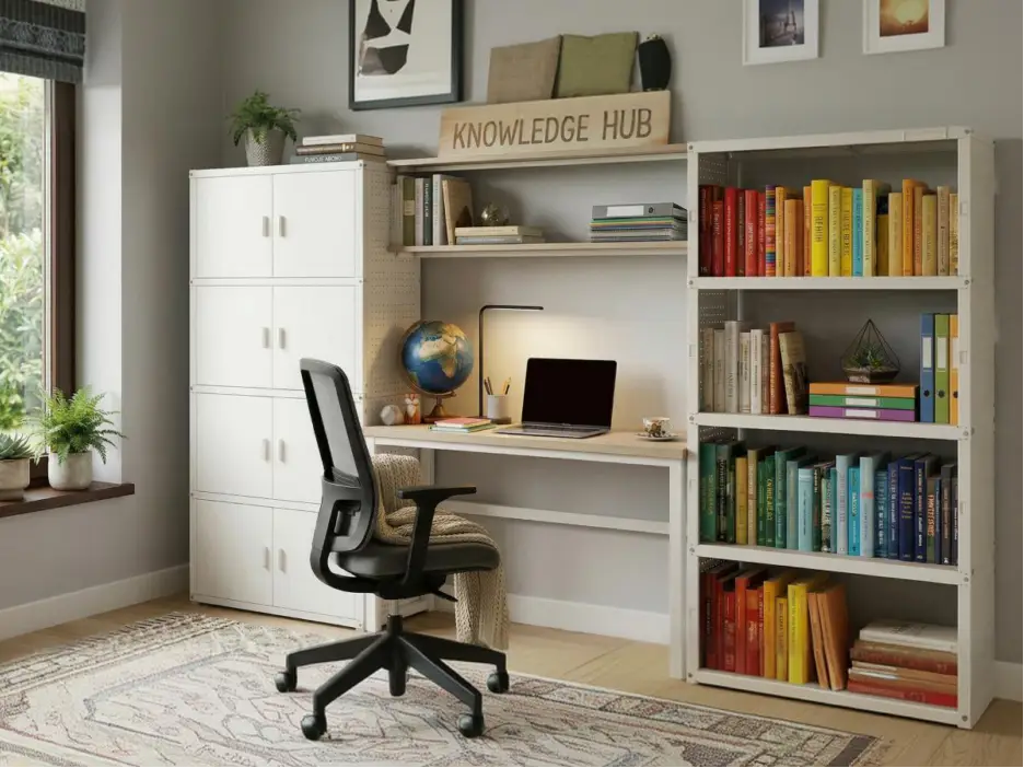Modern home office with a black swivel chair, wooden desk, bookshelves, and colorful books