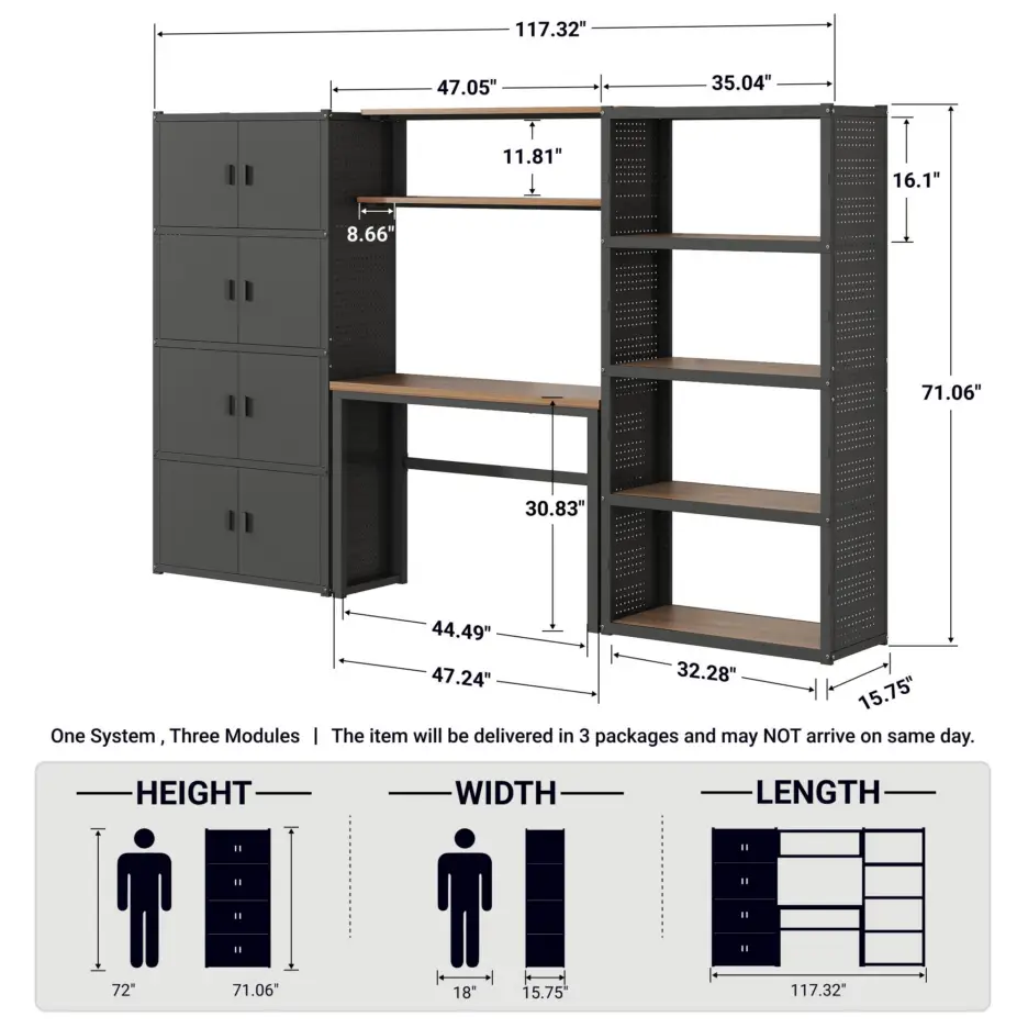 Black modular shelving unit with desk and cabinets, detailed dimensions highlighted in inches