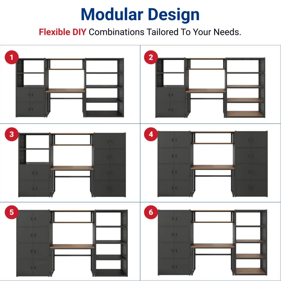 Six configurations of a black modular shelving unit with cabinets and wooden surfaces