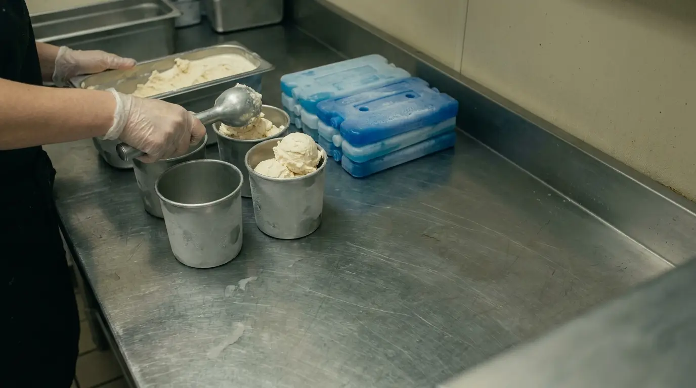 Person scooping ice cream into metal cups on stainless steel counter with blue ice packs nearby