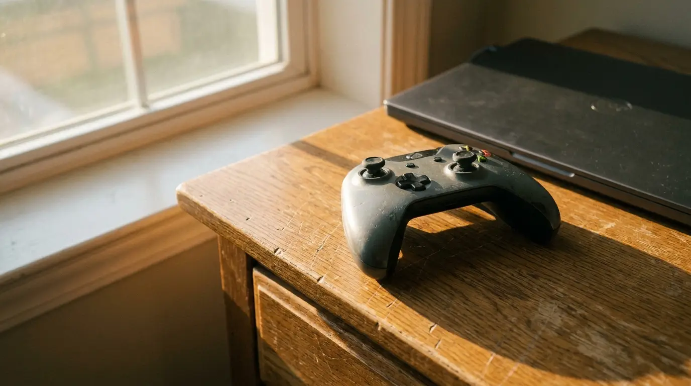 Gaming controller on wooden desk beside closed laptop in natural sunlight