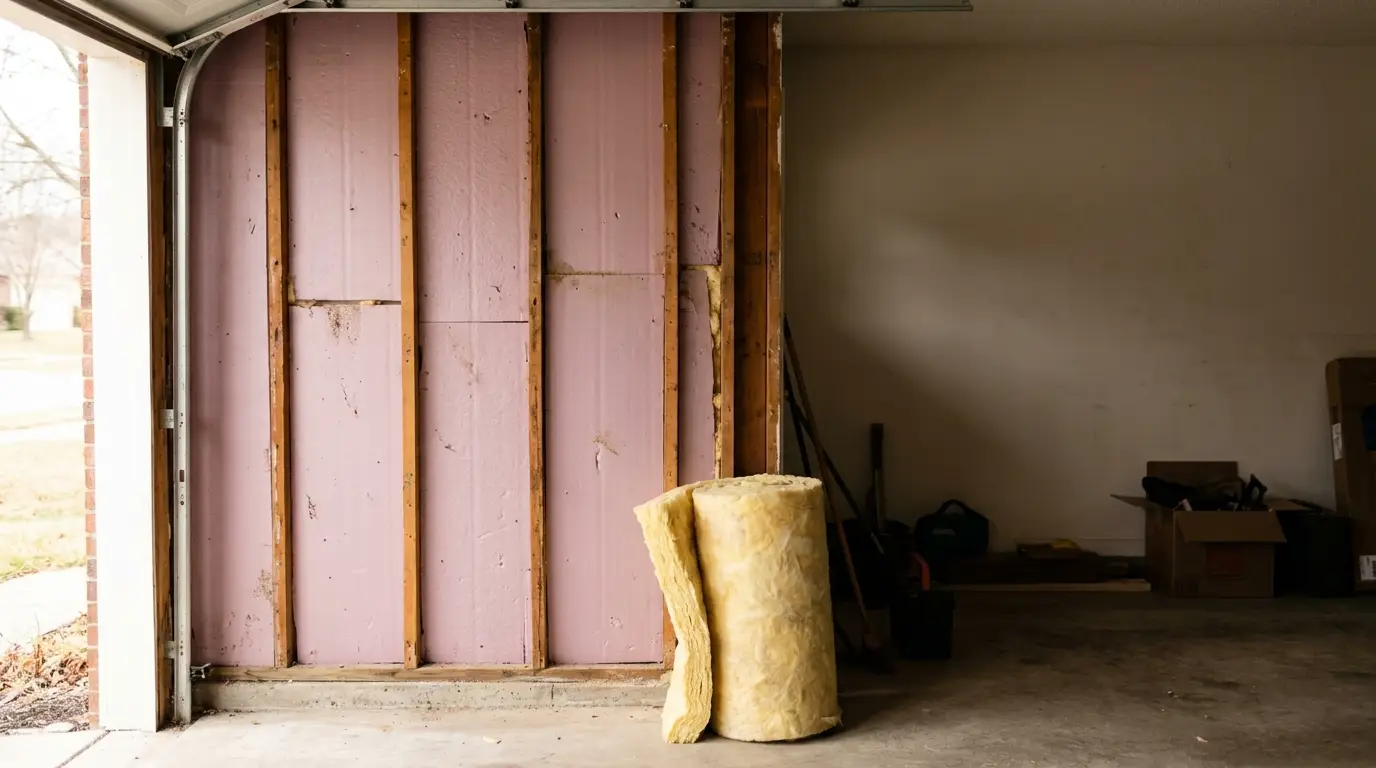 Partially insulated garage wall with pink foam panels and a roll of yellow insulation.